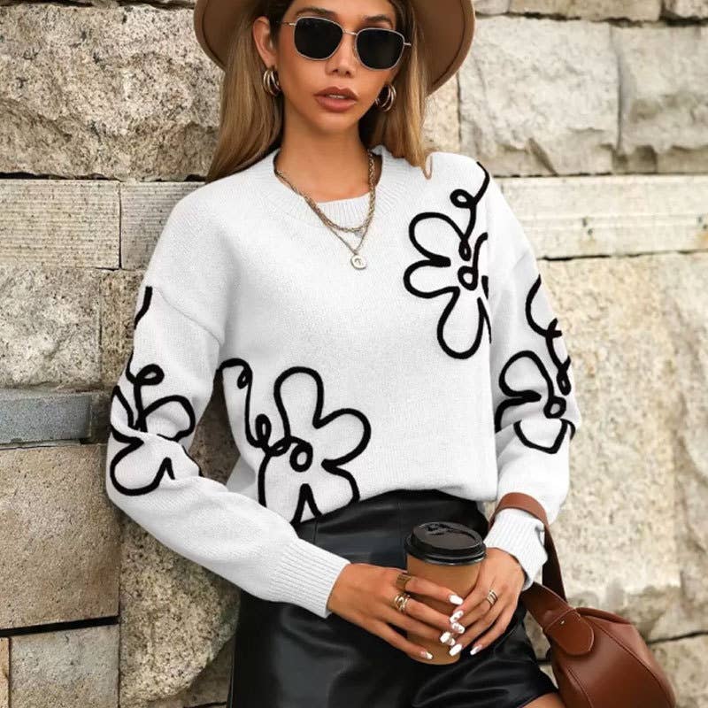 Flower-patterned round-neck knitted sweater