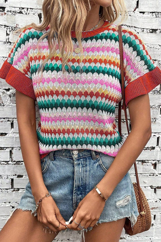 Color-matching knit short-sleeved sweater