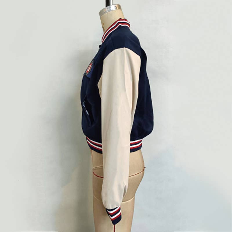 COLOR CONTRAST PATCHWORK PRINT BASEBALL JACKET