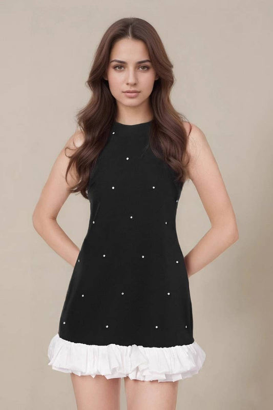 CWDSD8897_BLACK STAR PRINT SPLICED A-LINE SLEEVELESS DRESS