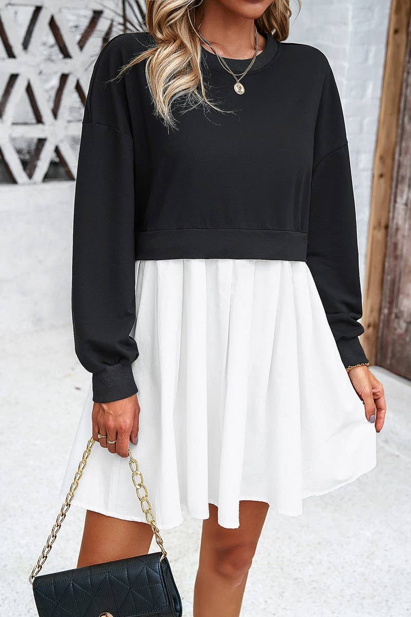 CWDSD2324_Round Neck Long Sleeve Patchwork Short Dress