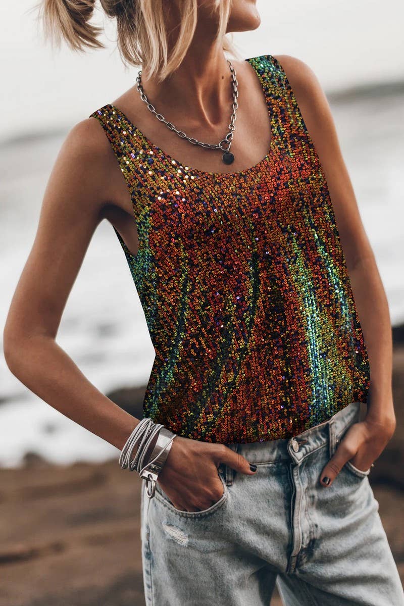 CWTBLSL0795_SEQUINED U-NECK SLEEVELESS BACKLESS TANK TOP
