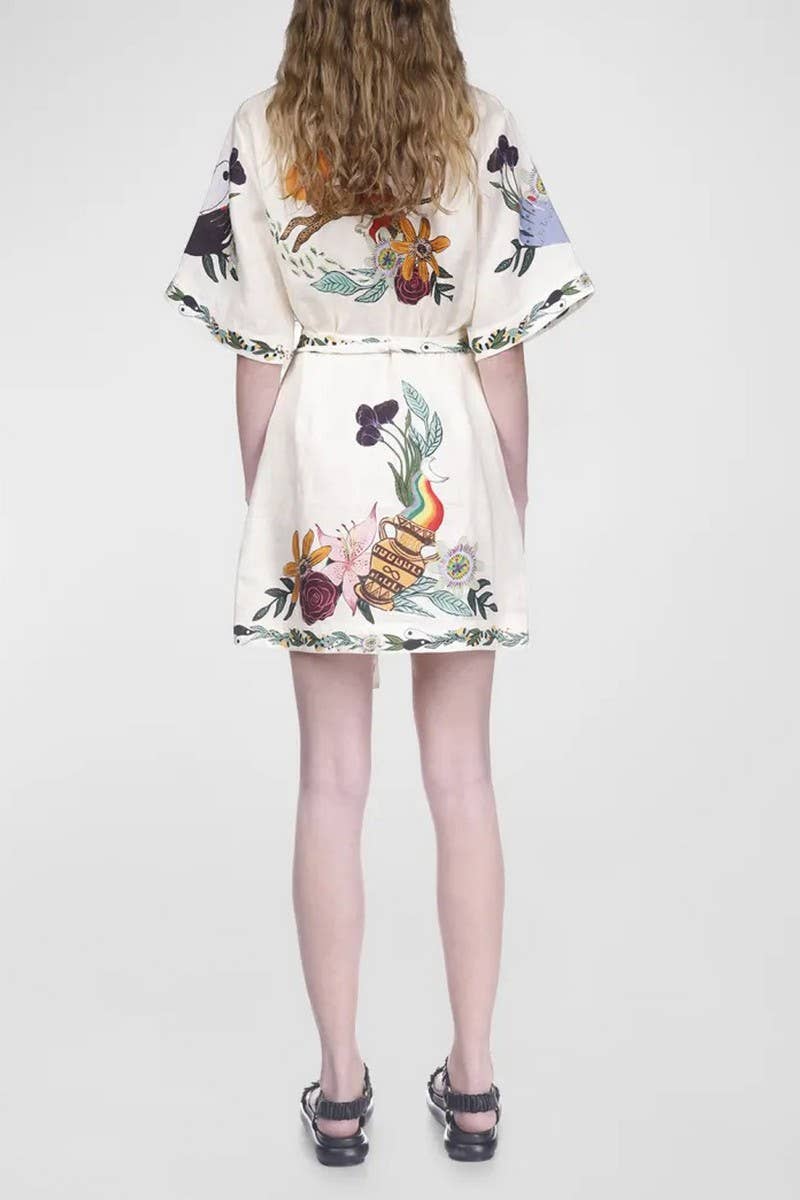 CWSS1241_FLORAL PRINT TIE SHORT SLEEVE CASUAL DRESS