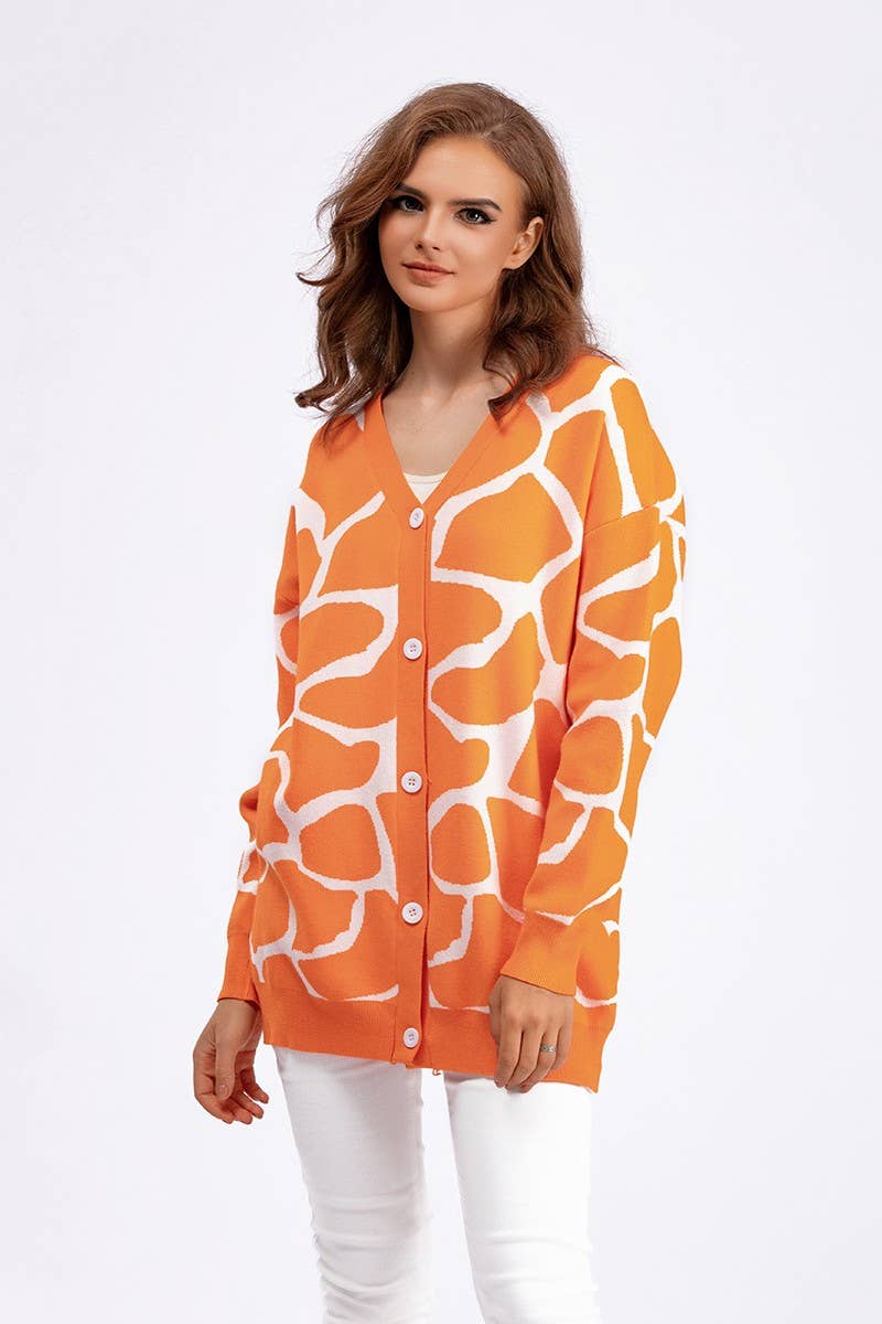 CWOCAL00664_JACQUARD KNIT V NECK LONGLINE CARDIGAN