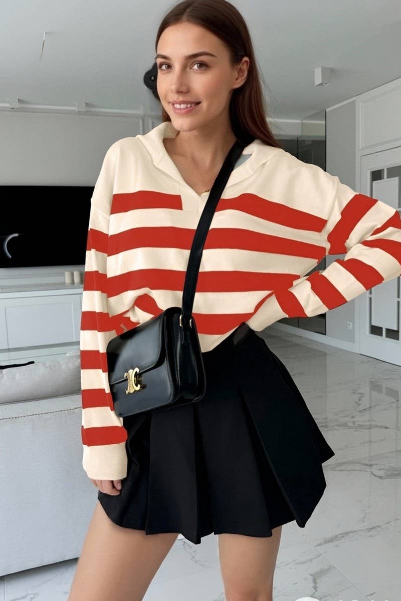 CWOSWL6954_COLORBLOCK STRIPED COLLARED KNIT PULLOVER SWEATER
