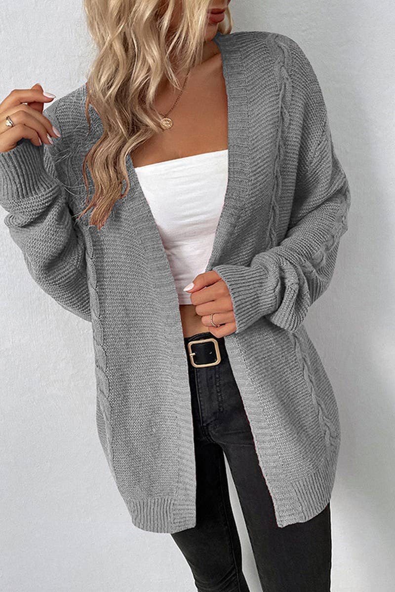 CWOSWL2936_SOLID COLOR CABLE KNITTED POCKET CARDIGAN