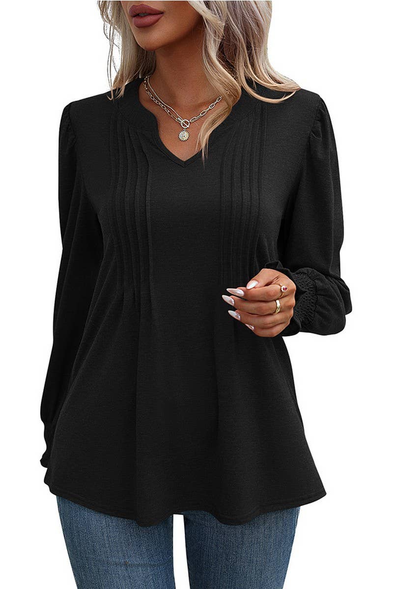 CWOSWL07637_SOLID V NECK PUFF SLEEVE RUCHED LONG SLEEVE TOP