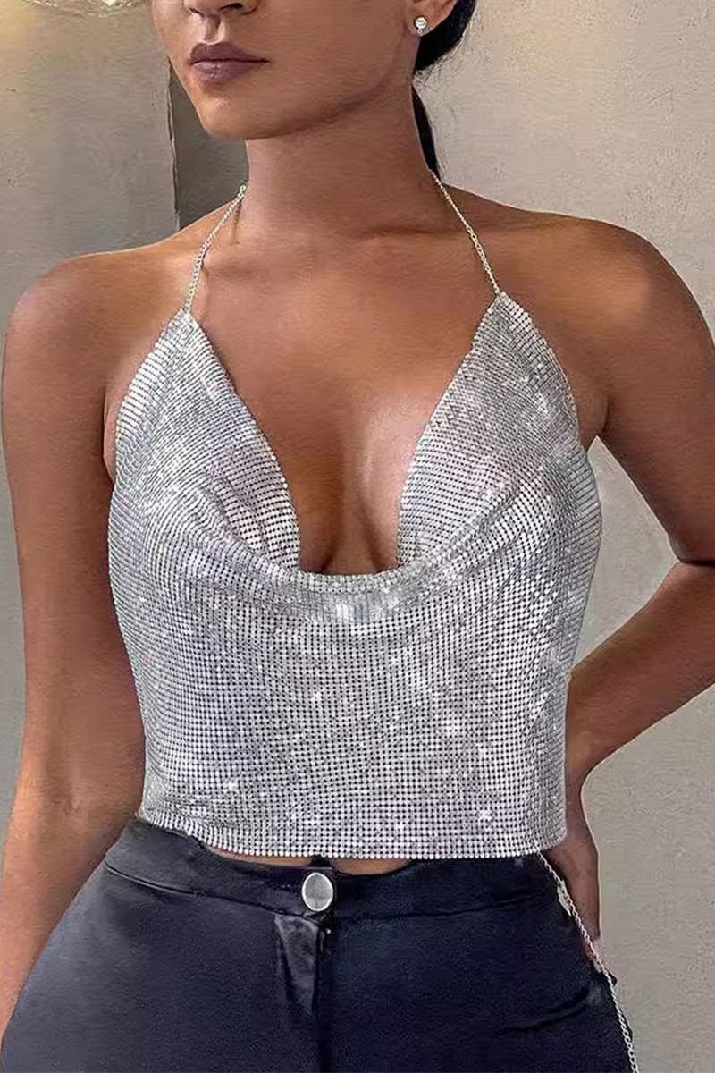 CWTTSL0402_DEEP V HOLLOW SEQUIN SEXY SWIMSUIT BACKLESS TOP