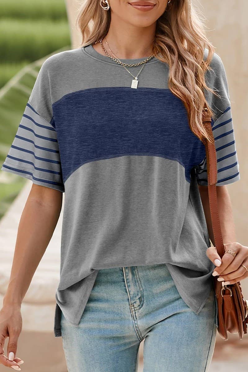 CWTTS1392_ROUND NECK CASUAL STRIPED CONTRAST COLOR T-SHIRT