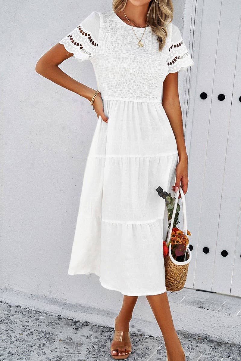 CWDSD2795_Smocking Detailed Short Sleeve Dress