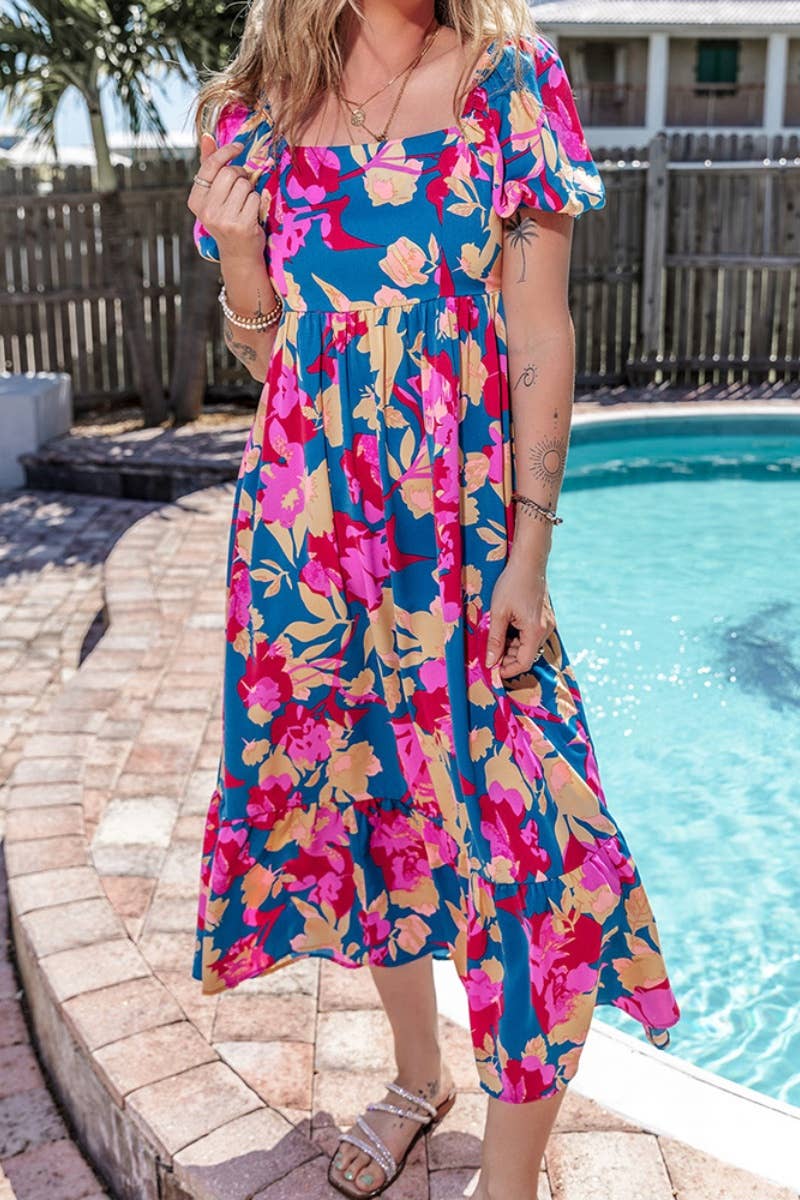 CWDMD3216_SHORT SLEEVE FLOWER HIGH-WAISTED DRESS LONG