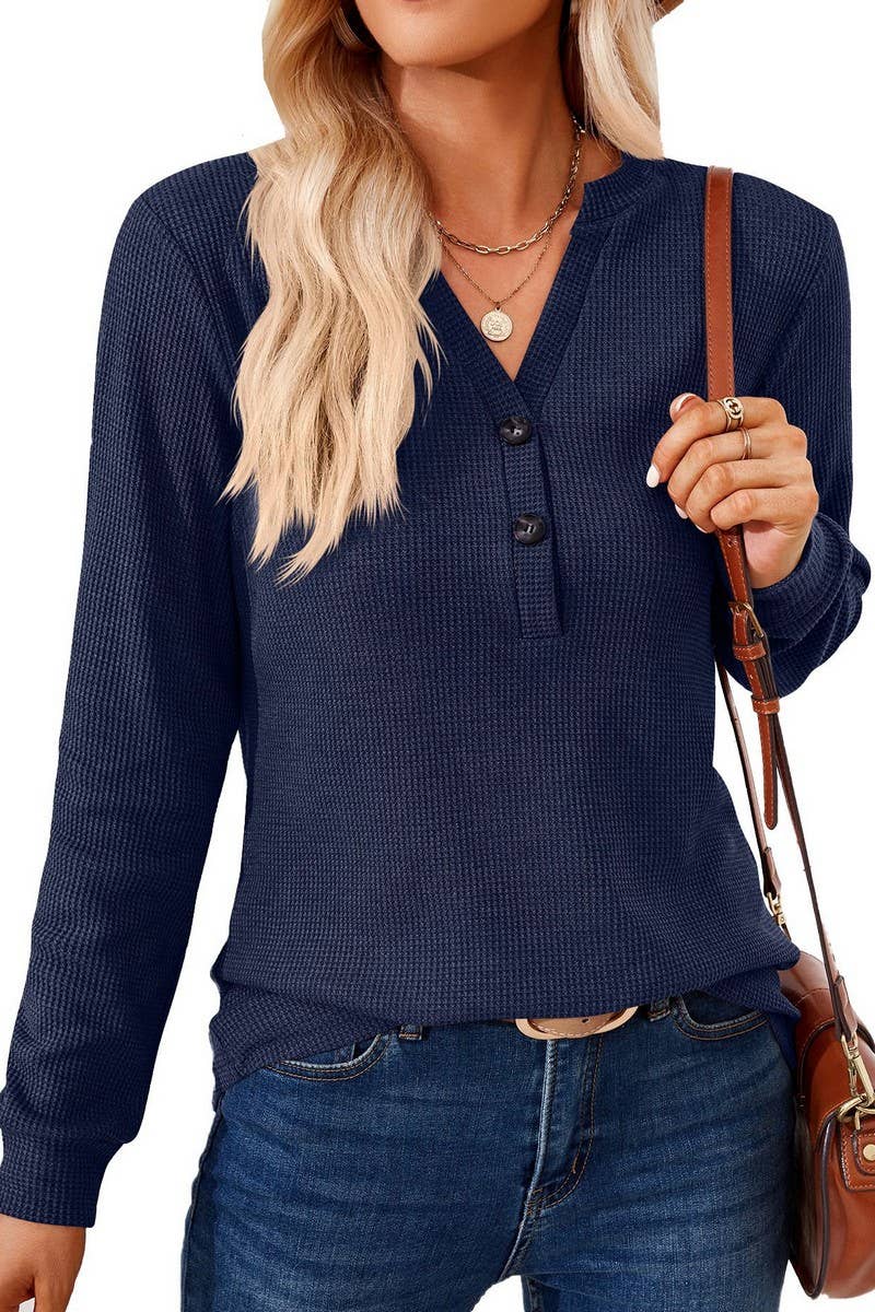 CWTBLL01312_V NECK BUTTON SOLID LONG SLEEVE LOOSE TEE