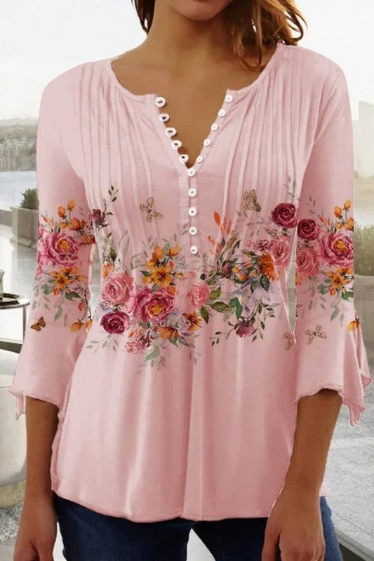 CWTTS1452_SPRING AND SUMMER V-NECK FLORAL BOTTOMING SHIRT