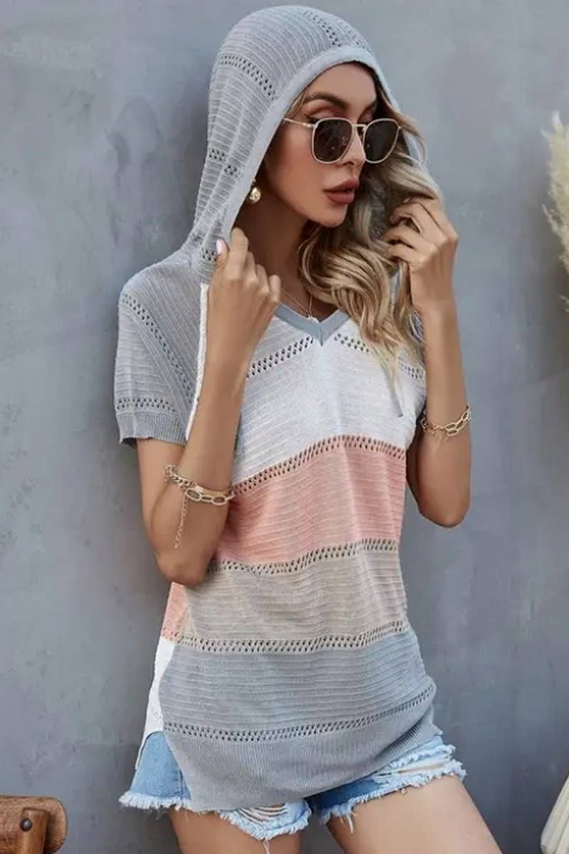 CWTTS1304_SPRING AND SUMMER STRIPED HOODED T-SHIRT