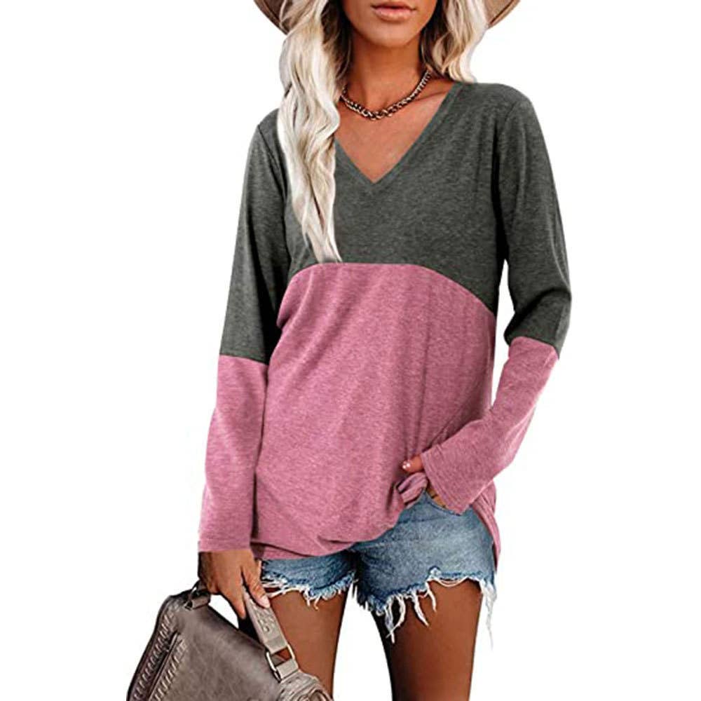 Color contrast patchwork V-neck long sleeve Tshirt