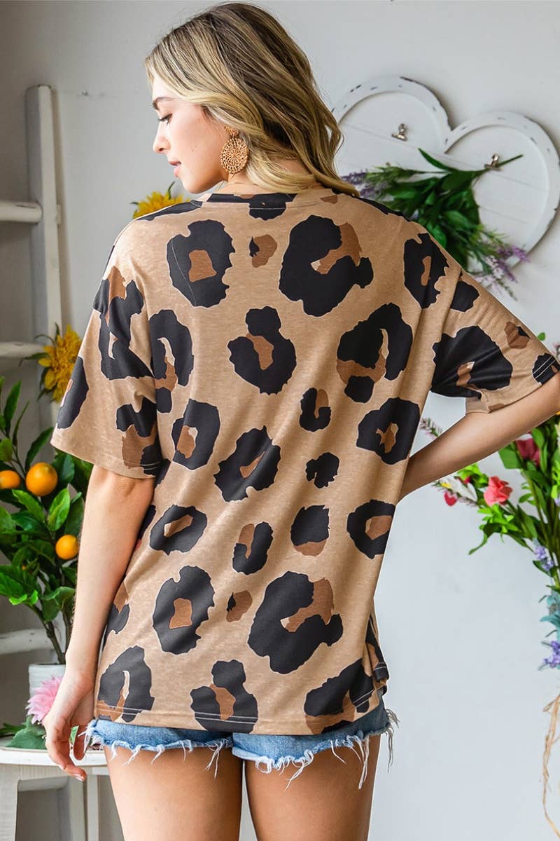 CWTBLS1245_ROUND NECK LEOPARD PRINT SHORT-SLEEVED TOP