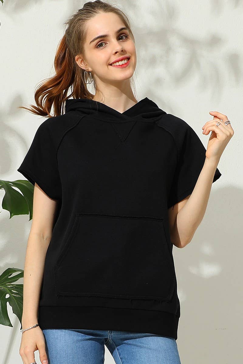 CWOHOS010_SHORT SLEEVE HOODIE SWEATSHIRT KANGAROO POCKET