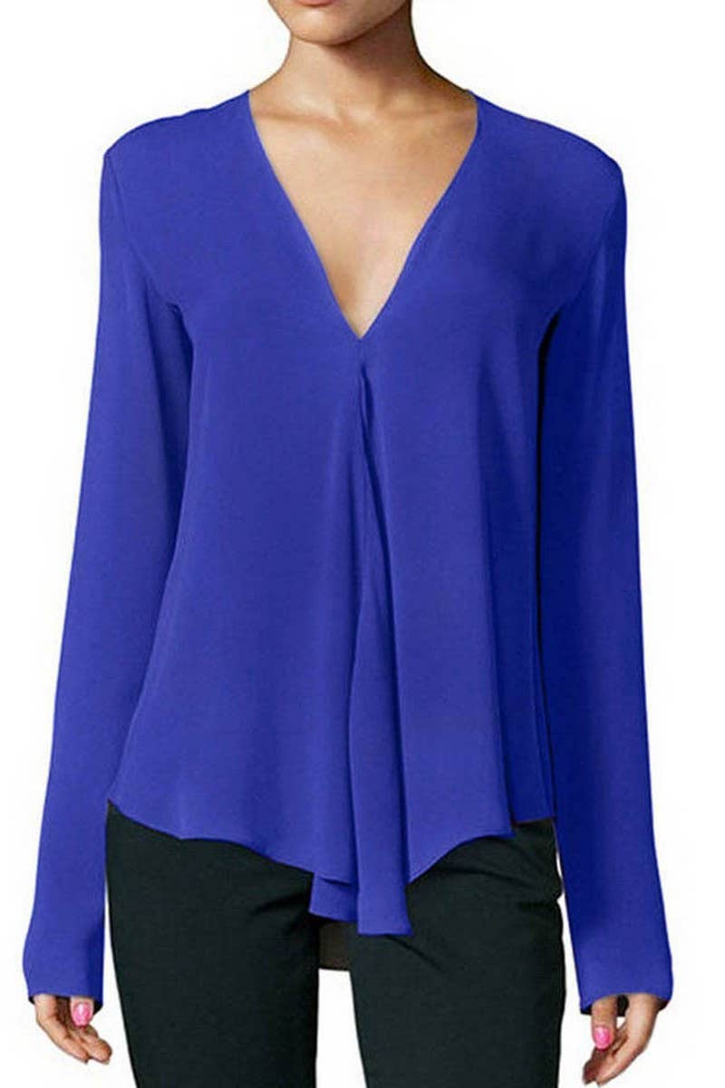 CWTBLL3869_SOFT V-NECK FLOWY PULLOVER SOLID LOUNGE BLOUSE