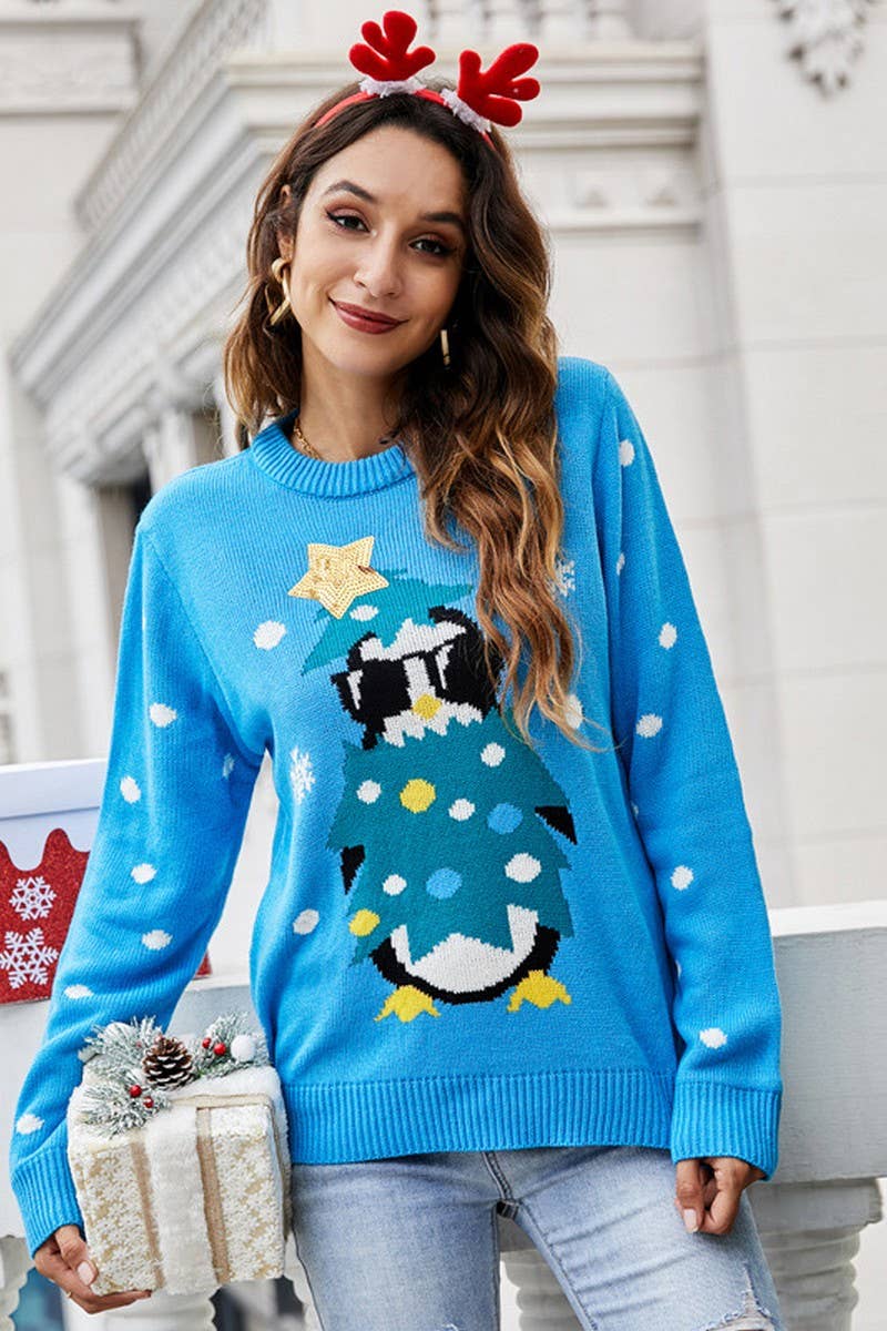 CWOSWL2488_ROUND NECK LONG SLEEVE SEQUINED CHRISTMAS SWEATER