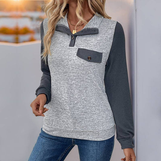 COLOR CONTRAST PATCHWORK LAPEL ZIPPER CASUAL TOP