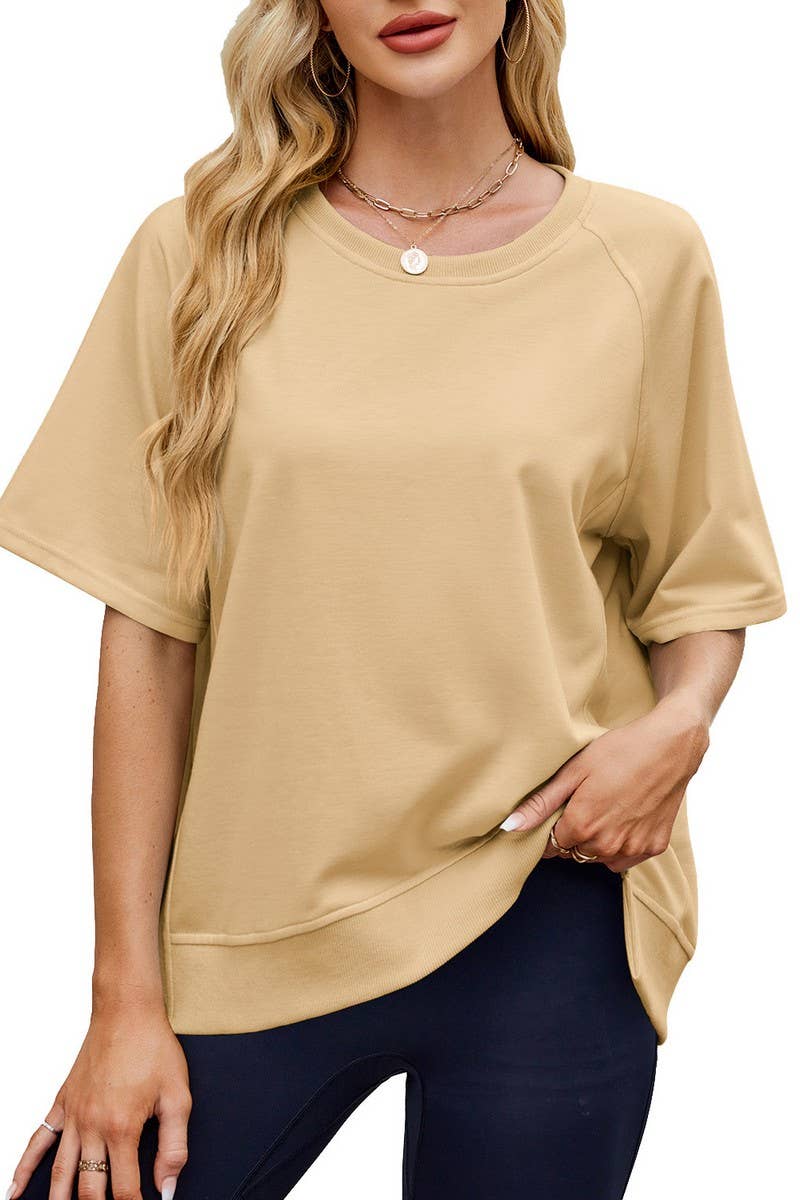CWTTS1341_SPRING AND SUMMER THREADED ROUND NECK LOOSE TOP
