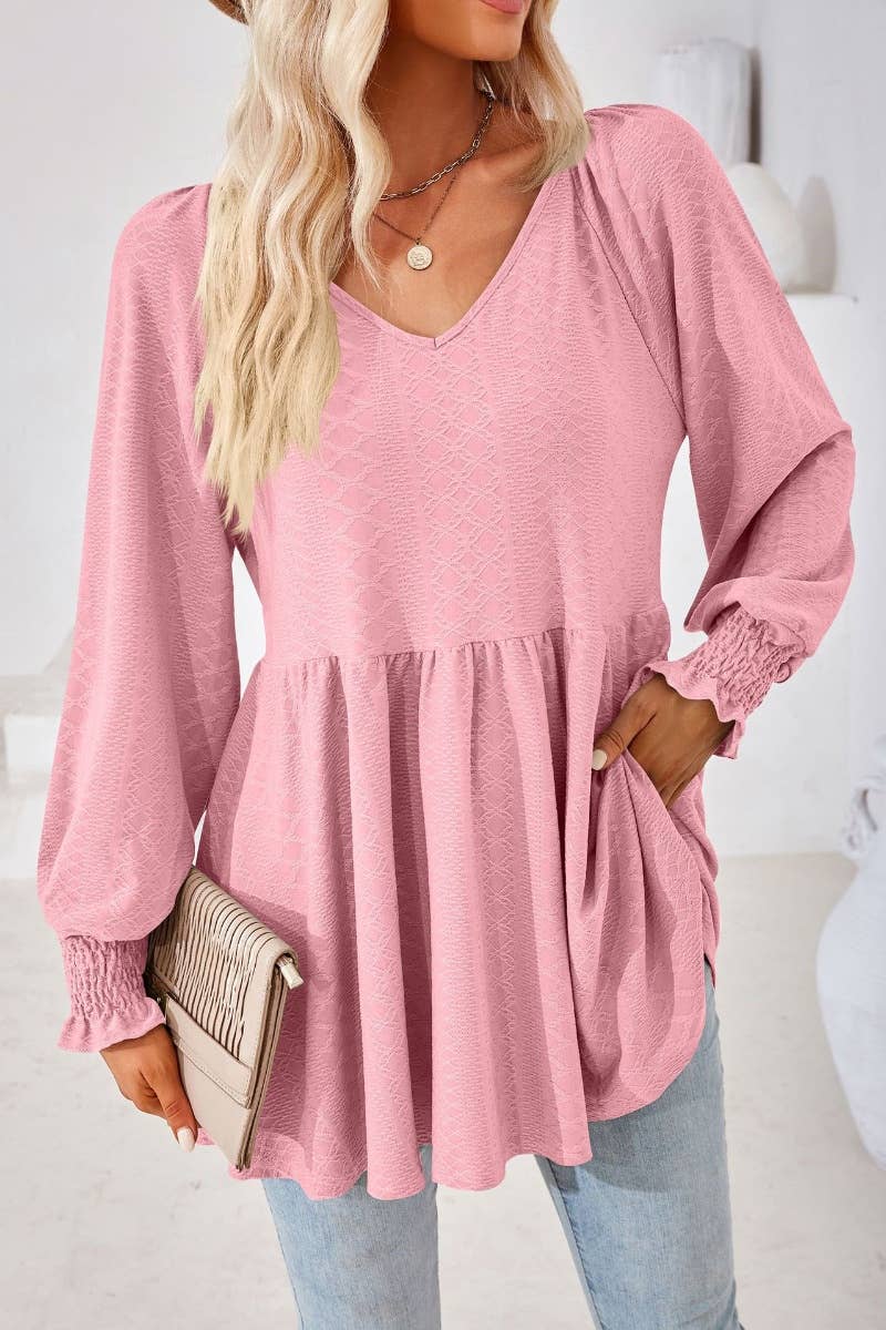 CWTBLL2817_SOLID COLOR PATCHWORK LONG-SLEEVED TUNIC