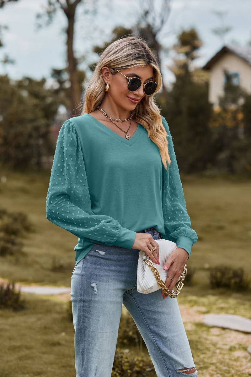 CWTBLL1047_LONG-SLEEVED V-NECK MESH PATCHWORK LOOSE TOP