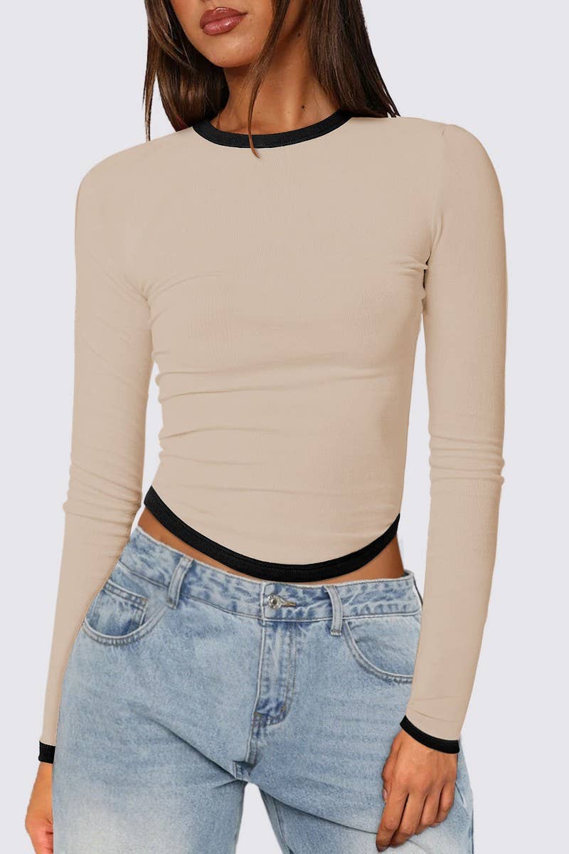 CWTBLL3751_ROUND NECK CONTRAST COLOR LONG SLEEVE TOP