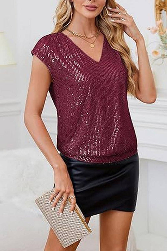 CWTTS1387_RAGLAN SLEEVE SEQUINED SLIM V-NECK SOLID COLOR TOP