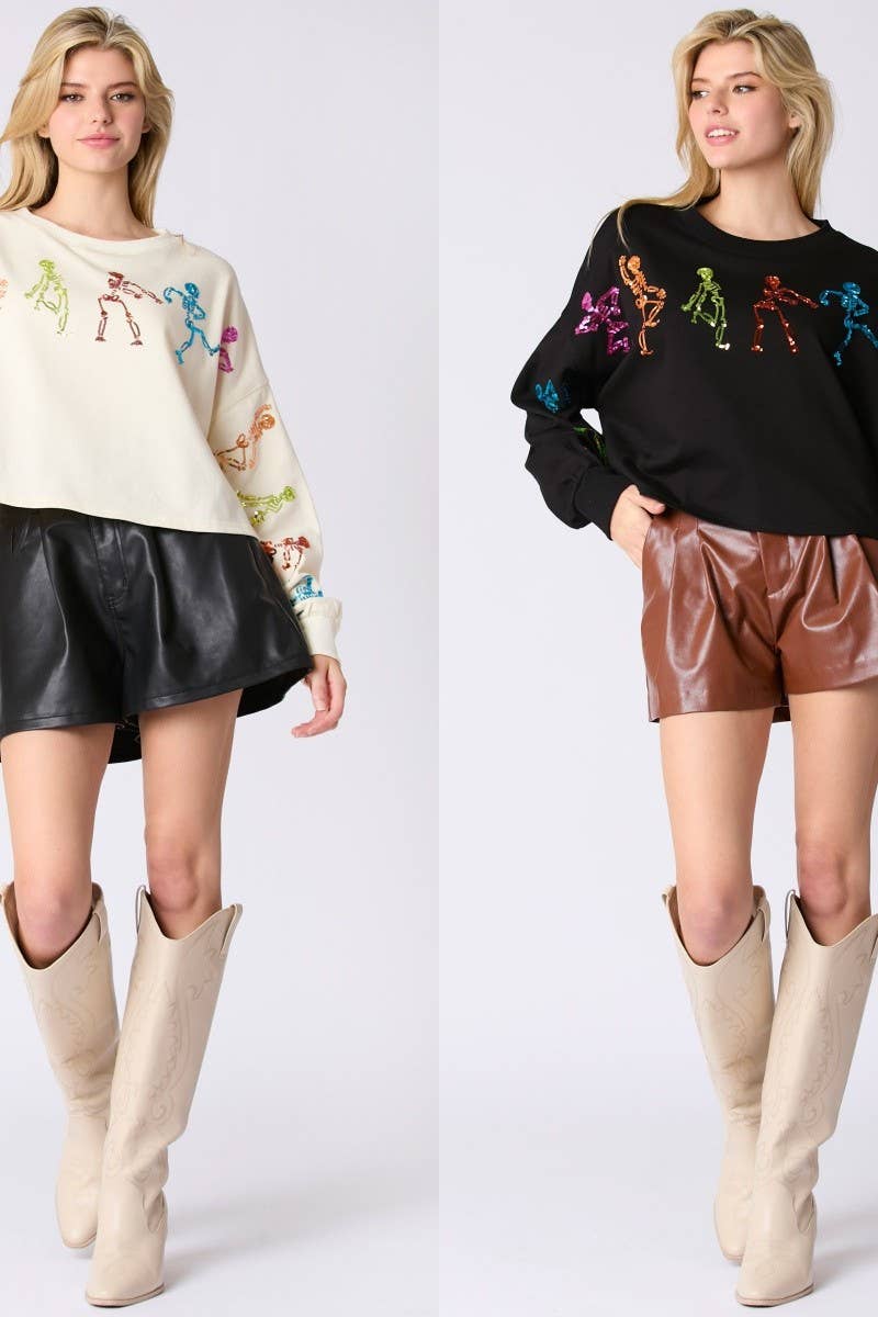 CWOSWL07752_HALLOWEEN SKELETON SEQUIN TOP LOOSE SWEATSHIRT