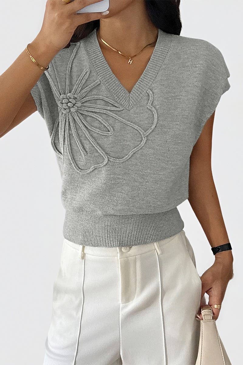 CWOSWS00156_CASUAL SOLID DEEP V SHORT SLEEVE SWEATER