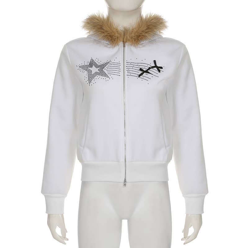 Distinctive street star rhinestone zipper jacket