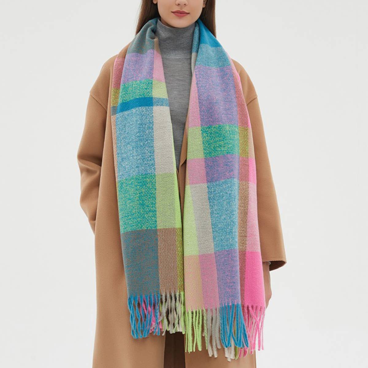 Rainbow Plaid Scarf - Thick Winter Tassel Wrap_CWASC0124