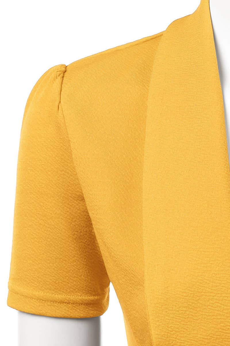 CWOBL095_Short Sleeve Open Front Draped Ruffles Blouses