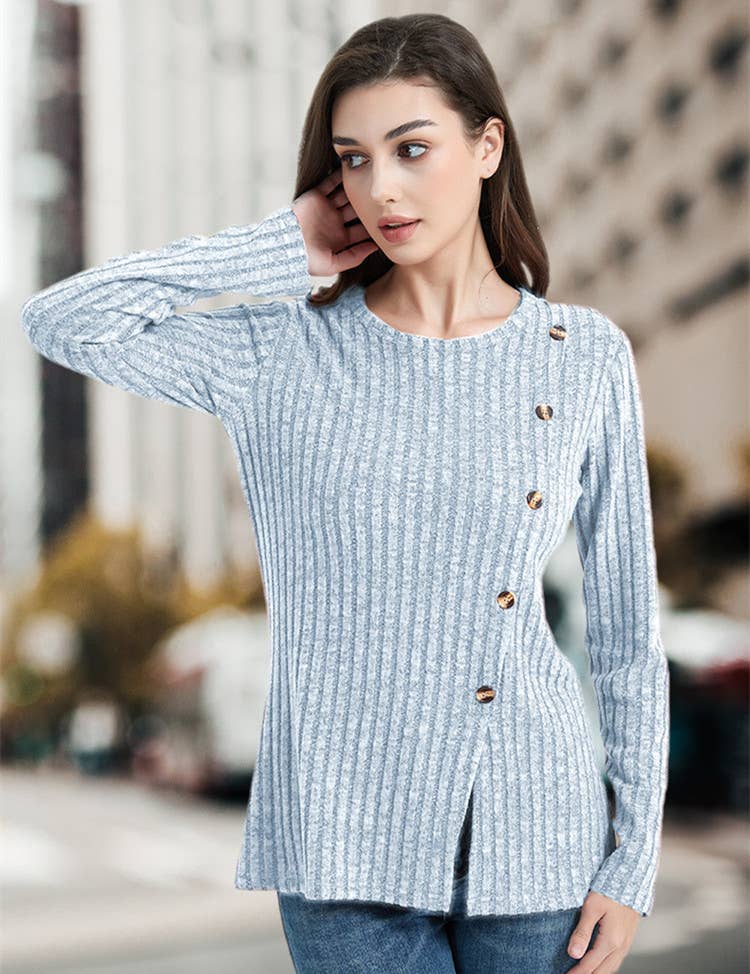 CREW-NECK SOLID COLOR PIT STRIPE BUTTON KNIT