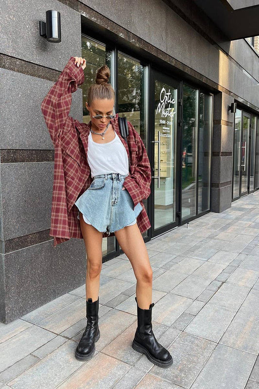 CWTSTL2598_RETRO RED PLAID LOOSE LONG-SLEEVED SHIRT