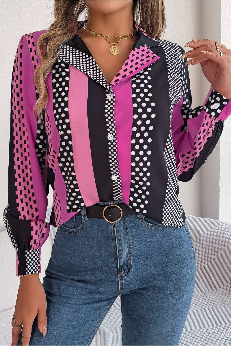 CWTSTL2129_AUTUMN POLKA DOT STRIPED LONG-SLEEVED SHIRT TOP