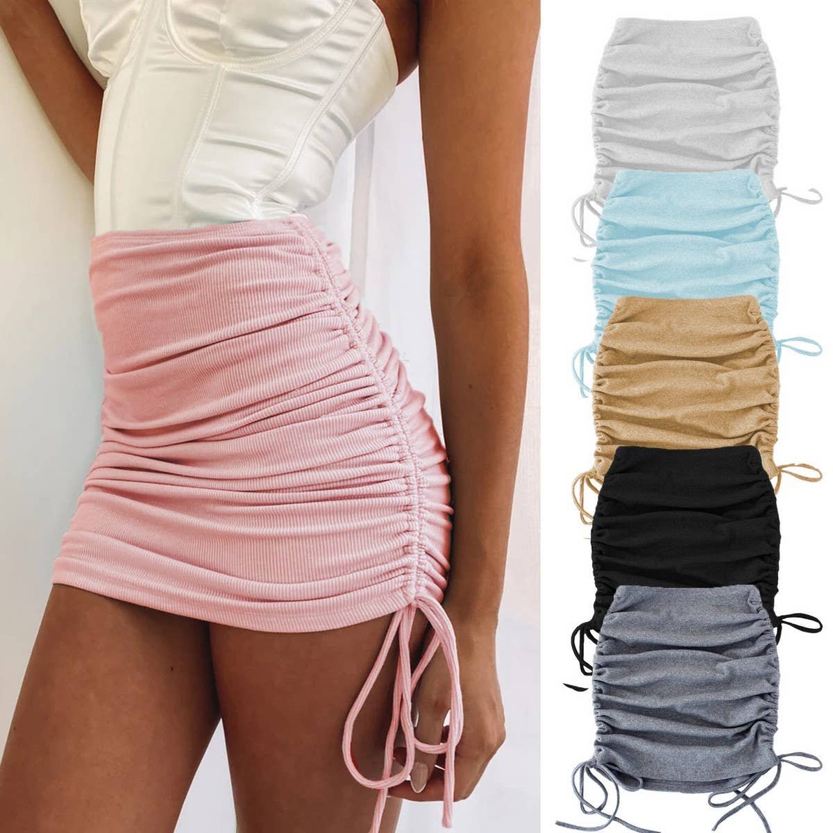 KNITTED SIDE DRAWSTRING STRETCH PLEATED SKIRT