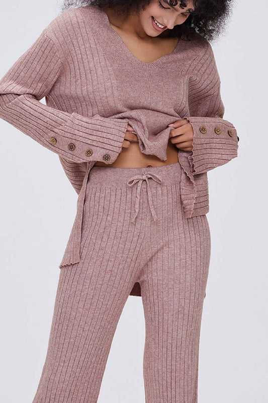 CWSTB1437_V-NECK KNITTED LONG-SLEEVED TROUSERS CASUAL SUIT