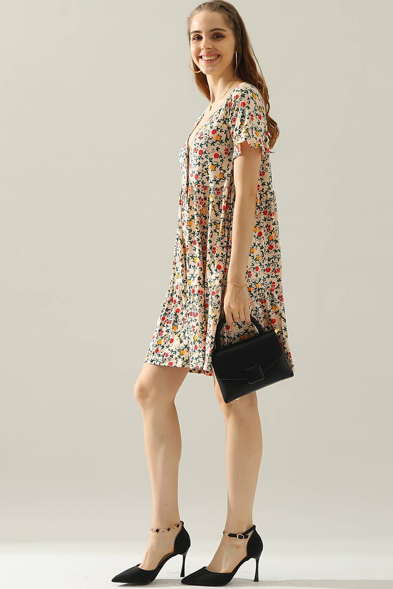 CWDSD10410_V NECK BUTTON DOWN WITH RUFFLE SLEEVE DRESS