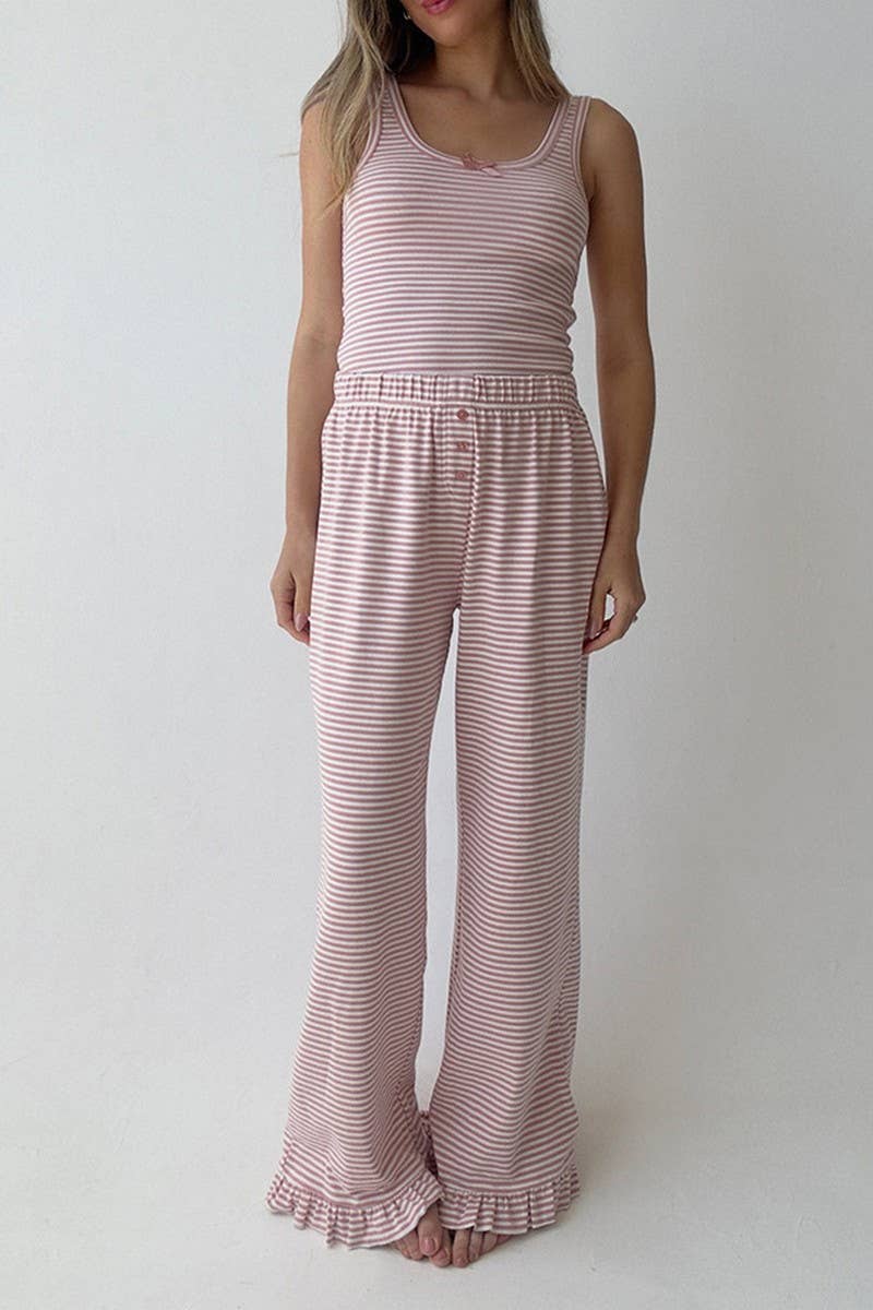 CWSPJ452_STRIPED RUFFLED TWO-PIECE PAJAMAS HOME CLOTHES