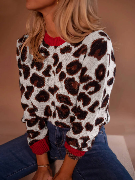 Color-blocking leopard jacquard knitted sweater