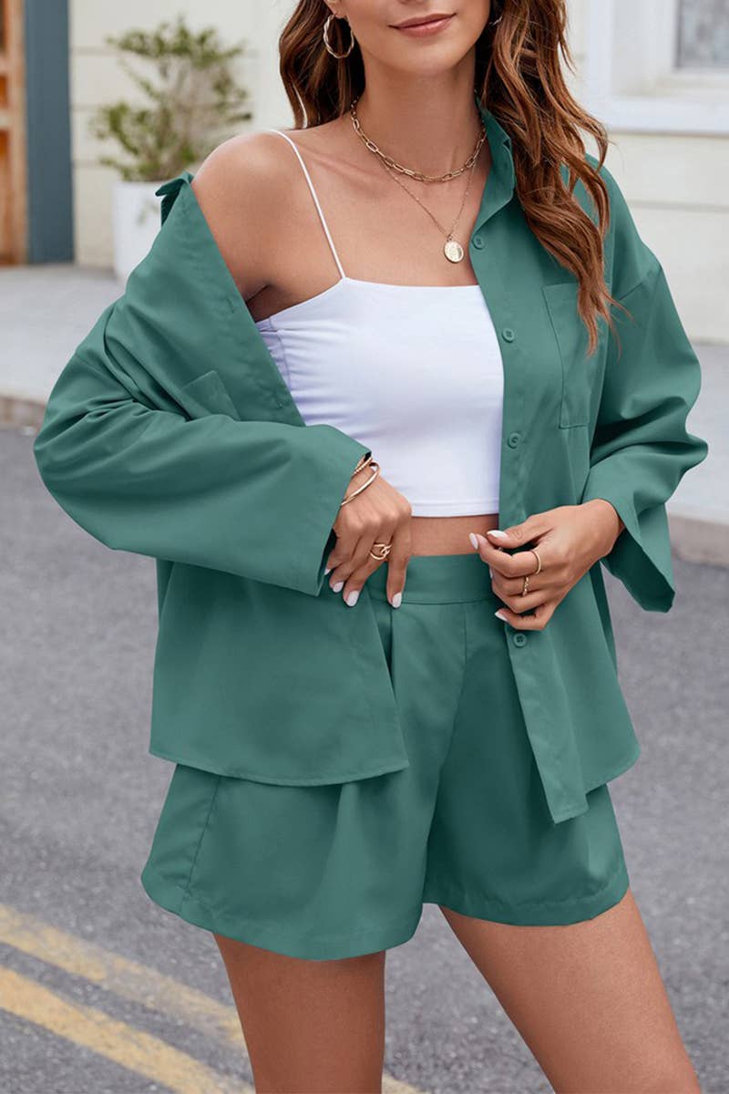 CWSS1094_FASHIONABLE COMMUTER LOOSE LAPEL SHIRT SHORTS SUIT