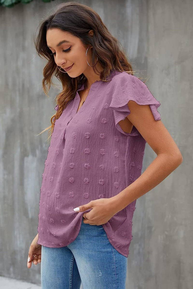 CWTBLS0606_V-NECK RUFFLED SLEEVE CHIFFON SHORT-SLEEVED TOP