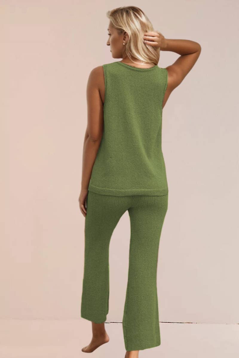 CWSS0495_KNIT SLEEVELESS TOP AND PANTS SUIT FOR WOMEN