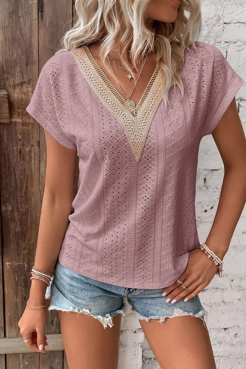 CWTBLS0642_WOMEN'S V-NECK LACE PATCHWORK SHORT-SLEEVED TOP