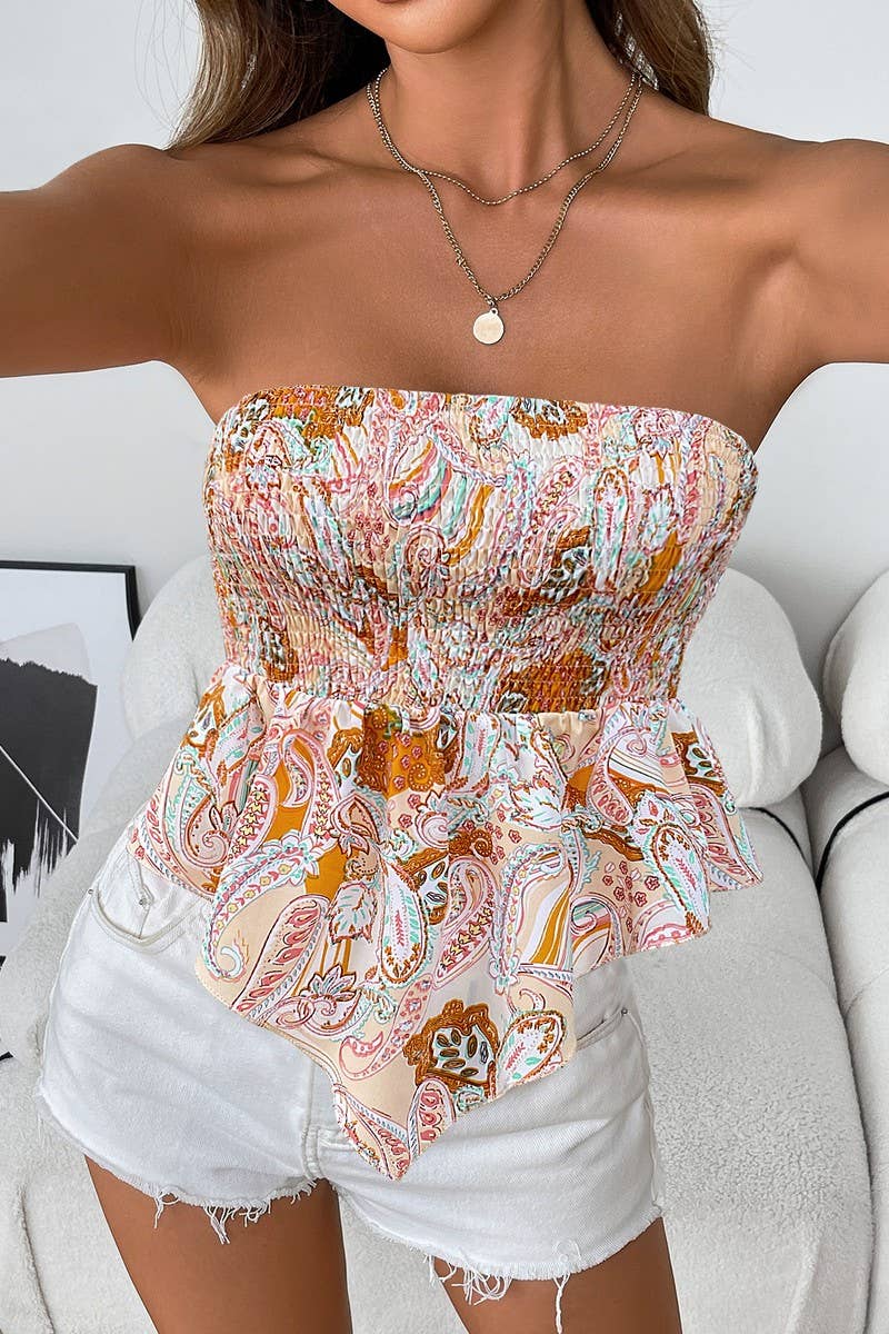 CWTTT0071_FLORAL RUCHED STRAPLESS OFF SHOULDER CROP TOP