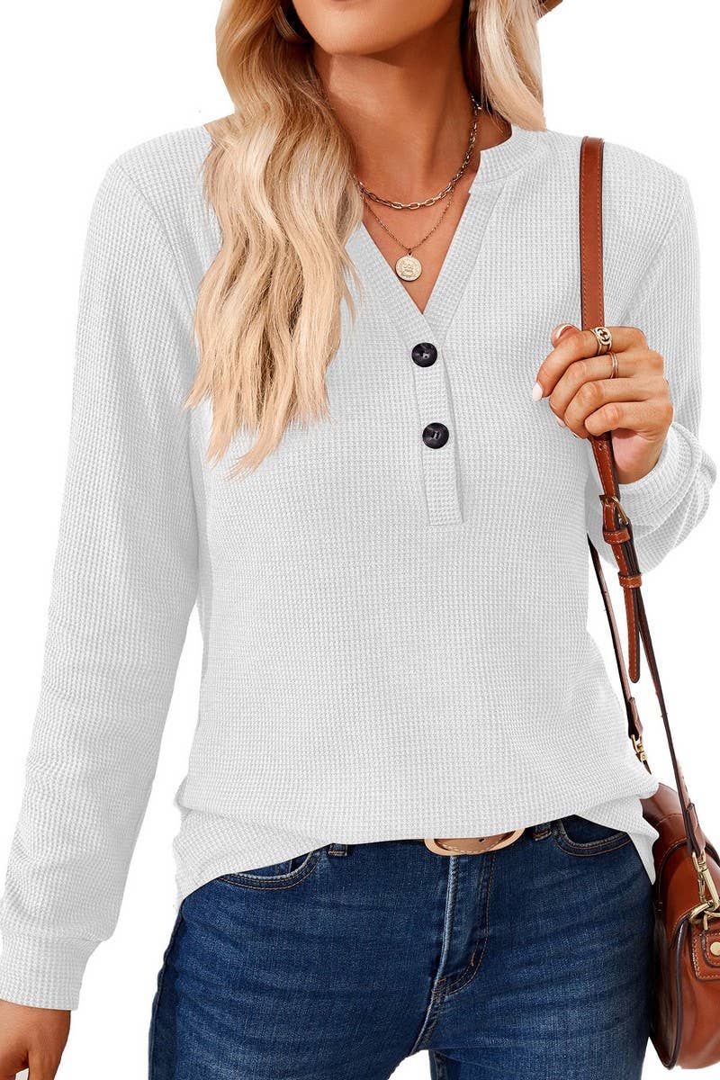 CWTBLL01312_V NECK BUTTON SOLID LONG SLEEVE LOOSE TEE