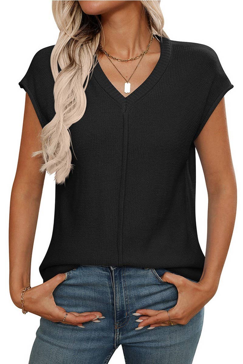 CWTTS1368_SUMMER NEW WOMEN'S V-NECK KNITTED TOPS
