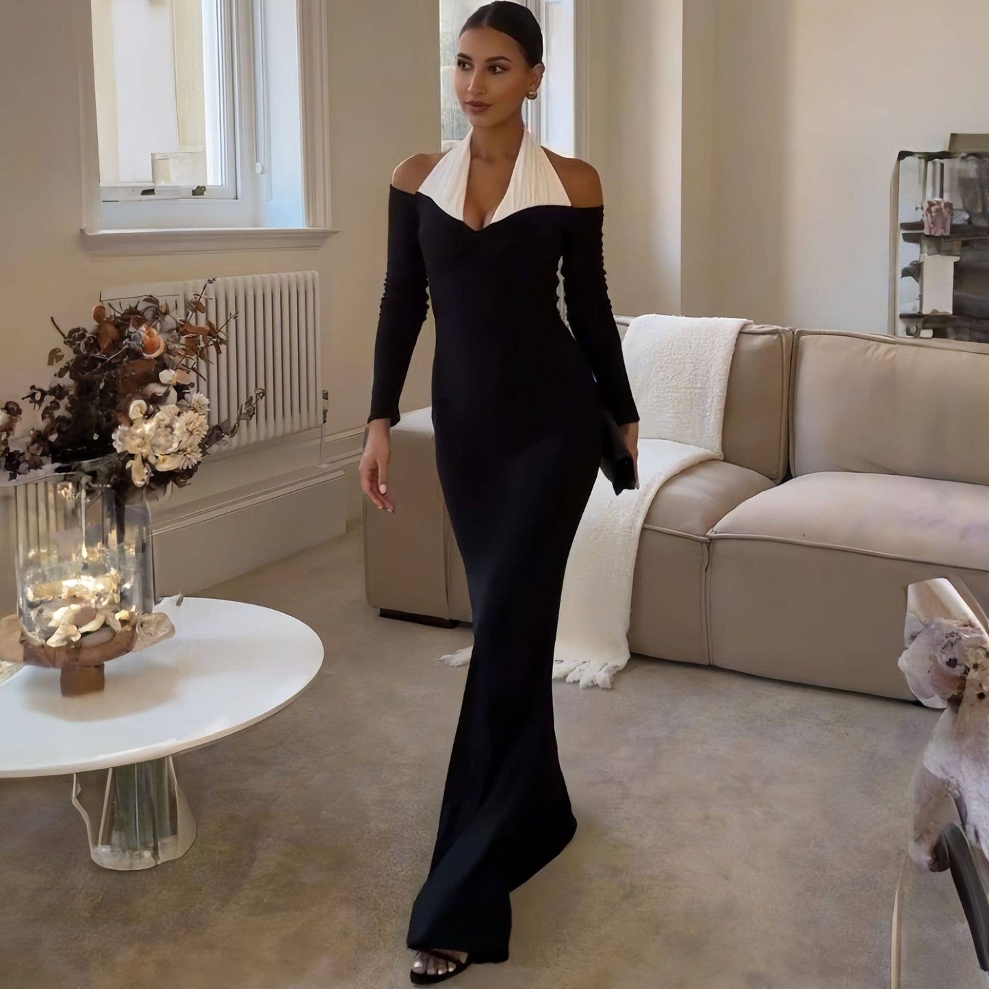 BLACK LONG-SLEEVED FASHION ONE-SHOULDER DRESS